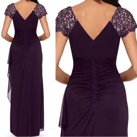NWT Xscape | Purple Lace Sleeve Chiffon V Neck Flutter Ruffle Gown Dress 6 - Picture 2 of 12
